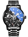 Alienwork Herren Damen mechanische Automatik-Uhr schwarz mit Edelstahl Metallarmband Skelett
