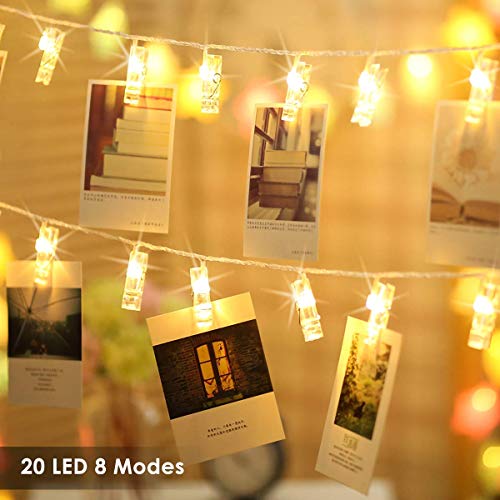 B-right Foto Clip Catene Luminose LED, 2,2 Metri 20 Foto Clip, Bianco Caldo, Foto molletta con 8 modalità d'illuminazione, appendini Foto perfette per Appendere Foto, pitture e Disegni ECC.