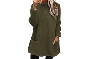 Cozyan Sudaderas sin Capucha Mujer Jersey de Forro Polar Suelto Sólido Manga Larga Suéter con Bolsillos Sudadera Mujer Oversize Manga Larga Otoño Casual Cuello Crew Sin Capucha