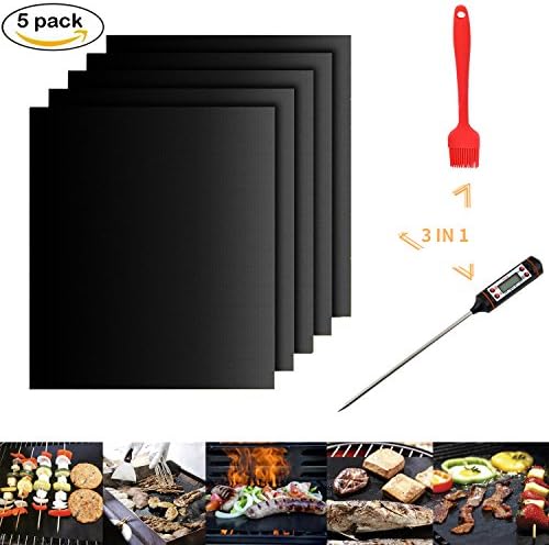 Qualife 3 in 1 Grill Mat &amp; Brush &amp; Thermometer BBQ Tools, Set of 5 Non Stick Baking Mats, Instant Read Meat Digital Cooking Thermometer w/ Long Probe, Heat Resistant Silicone Basting Pastry Brush.