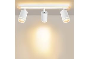 URing Plafonnier LED 3 Spot, Spots de plafond Plafonnier Pivotants & Orientables, Éclairage LED luminaire avec lueur inférieure 10W+ 3x 5W GU10 2300LM, Blanc Chaud 3000K pour Cuisine Salon, Blanc mat