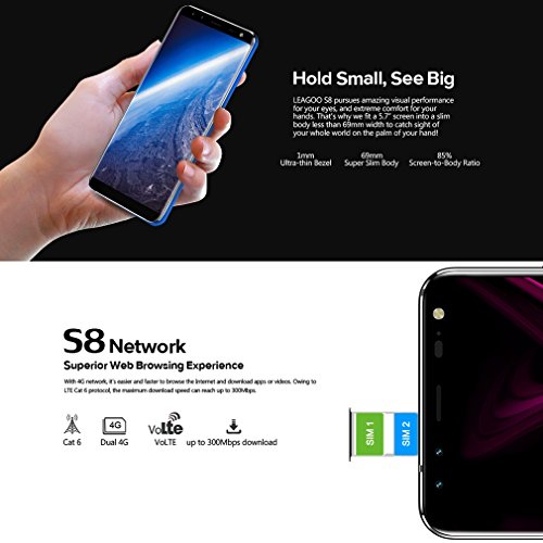 LEAGOO S8 (2018) 4G Smartphone Ohne Vertrag 5,72 Zoll 18:9 2.5D HD IPS GroÃŸer Bildschirm Android 7.0 Dual SIM MTK6750T Octa Core 1.5GHz 3GB RAM+32GB ROM 13MP+2MP+8MP+2MP Kameras Fingerabdruck(Blau)