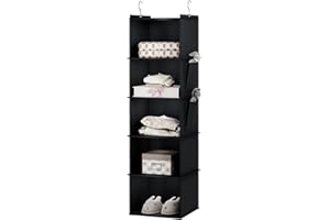 YOUDENOVA Hanging Storage 5 Shelves Wardrobe Storage Organiser Foldable Hanging Shelves with Side Pockets Closet Organiser for Clothes Black