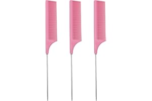 JC.UPIN 3 Pcs Hair Comb,Anti-Static Tail Comb,Carbon Fibre Metal Comb Pin Tail Comb,Heat Resistant and Salon Rattail Parting Comb,Pink Fine Tooth Rat Tail Hair Comb Brush for Women