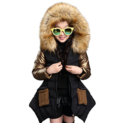LLQ Doudoune à Capuche Fille Parka Mode Hiver Chaud Blouson avec Manches Dorées Veste Adorable Manteau Enfant Épaisse Veste Damassée Fille Noir, 120cm/ 5-6 ans