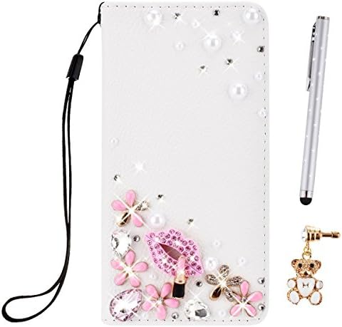 LazyBear 3 in 1 Samsung Galaxy A3 (2016) Phone Case Bling Glitter 3D Diamond Elegant PU Wallet Stand Function Leather Case (White Lips) Smartphone Slim Bookstyle with Magnetic Closure Card Slot Holder and Lanyard Strap Carrying Protective Case for Samsung Galaxy A3 (2016) x 1 &amp; Anti Dust Plug x 1 &amp; Stylus Pen x 1