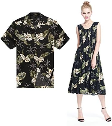 Couple Matching Hawaiian Luau Aloha Shirt Elastic Tank Dress in Palm Green in Black 2XL
