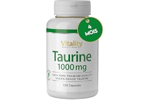 Taurine Gélules avec 1000 mg (120 gélules, 4 mois), Pre Workout sans Caféine, Acide Aminé, Sans Lactose, Sans Gluten, Sans Levure, Vegan Complément alimentaire Vitality Nutritionals de VitaminExpress