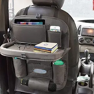 Lukzer 10 Compartment Car Backseat Organizer Storage Pockets PU Leather Car Storage Bag with Foldable Dining Tray Car Back Seat Protector Travel Accessories Holder (Dark Brown)