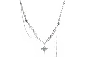 Buyongwant Irregular Starlight Necklace Spliced with Tassel Pearl Jewelry Collar Chain Women Girl 17.71 Inch, Steel titanium, Moonstone