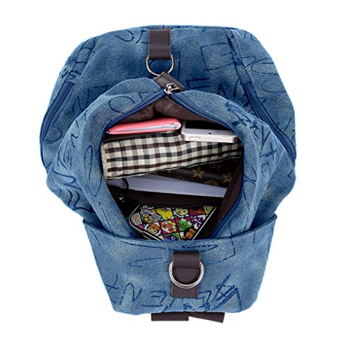 FakeFace Damen Retro Vintage Rucksack aus Cauvas Nylon und Leder mit Handyfach Ausweißfach Reißverschlussfach für Wandern Outdoor Reise - 5