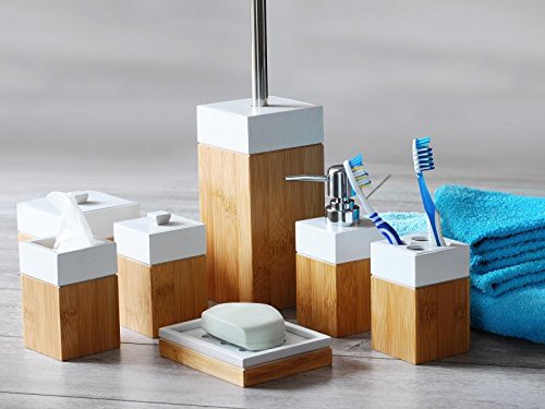 Die original MK Bamboo PARIS – Exklusives Badezimmer Set bestehend aus 7 Stück aus Bambus – Enthält: Bürstenhalter, Spender für Seife, Seifenschale, Zahnputzbecher, 1 Tasse Generica, 1 kleiner Becher mit Deckel und 1 Tasse groß mit Deckel – Montage-Zubehör Badezimmer aus Holz Typ Design Paris - 3