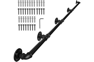 FSHIHINE Stair Handrail, 4.6m Handrails for Stairs Indoor & Outdoor Wall Mount Grab Bar Railing Support Kit, Heavy Duty Balustrades Staircase for Steps Deck Rail Industrial Galvanized Black Metal Pipe
