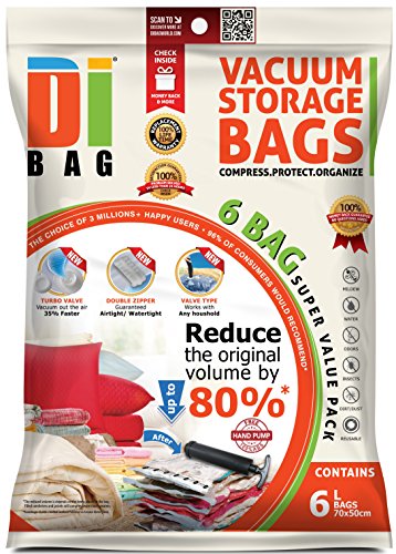 DIBAG ® 6 Vacuum komprimierte Speicherung platzsparend Beutel 70 x 50 cm, für Kleidung, Bettdecken, Bettwäsche, Kissen, Vorhänge und vieles mehr.