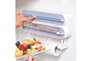 KRYVELLA 3 in 1 Frischhaltefolienspender mit Cutter, Küchenrollenhalterung mit Alufolienspender und Frischhalte, Fach Schneidabroller für Küchenrolle, Alufolie, Frischhaltefolie