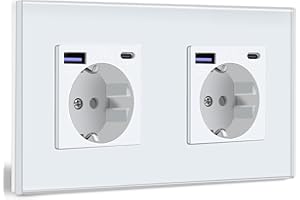 BSEED Schuko Steckdose mit USB C 20W Schnellladegerät USB Type C Wandsteckdose mit Glas Panel, 2 Fach Steckdose, USB Steckdose Unterputz, Einbausteckdose Geeignet für Phone, Pad, MP3 und mehr-Weiß