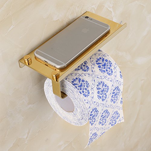 BONADE® Edelstahl Toilettenpapierrollenhalter WC-Papierhalter Rollenhalter Halter mit Ablage, zur Wandmontage, Gold