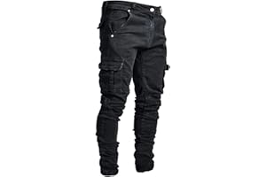 ENAAMIAZ Pantaloni da Jeans Uomo Lavoro Slim Fit con Grandi Tasca Tinta Unita Elasticizzati Moda Vintage Pantaloni in Denim Leggero Resistenti Casual Lavaggio Taglie Forti Blu Nera