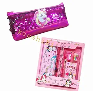 Kaushiki Enterprises Unicorn Stationary Kit and Unicorn Sequin Pen Pencil Pouch/Stationery Combos for Girls Kids (Unicorn Stationary Set with Unicorn Reversible Sequin Pen Pencil Pouch)