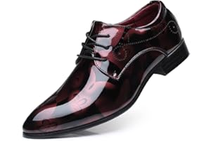 LIN&LV Men Business Shoes Dress Pointed Toe Floral Patent Leather Lace Up Oxford