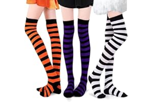 DHRUTI Halloween Overknee Stockings, Knee Stockings, 3 Pairs Long Striped Socks, Girls' Thigh High Socks, Orange, White, Purple, Black for Halloween, Cosplay, Party Costume