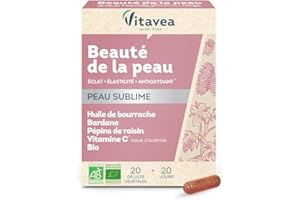 Vitavea - Complément alimentaire BIO Peau Sublime - huile de Bourrache Bardane Pépins de raisin Vitamine C (acérola) BIO - Eclat élasticité antioxydant - 20 gélules végétales - Fabriqué en France