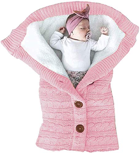 Manta de cochecito de lana de punto,Manta para bebé recién nacido con terciopelo,Saco de Dormir de Punto de Ganchillo,manta de forro polar para cochecito (Rosado)