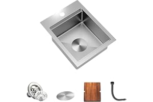 TORVA Einbau-Barspüle, 33 x 43 cm Wohnmobil-Küchenspüle, 16 Gauge Edelstahl, Topmount-Einzelspüle mit Schneidebrett – 15.3 cm tiefes Bar-/Vorbereitungsbecken