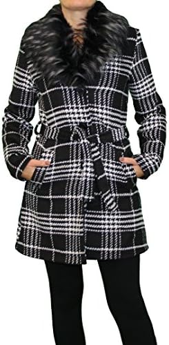 60532 Women Transitional Winter Jacket Short Coat Synthetic Fur Belt Plaid Black/White XL.