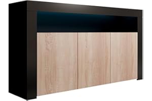 MB Muebles Bonitos, Aparador Aker con Luz LED y 3 Puertas para Salón Comedor, Mueble TV de Melamina Mate, Color Negro y Sonoma, 155x91,5x37 cm