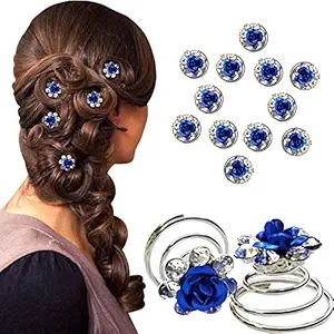 Sanas 10 Pcs Spiral Juda Pins Spring Juda Pins Juda Springs Spiral Hair Pin Bridal Hair Accessories Women Girls Stainless Steel Twisted Round Spiral Juda Pins Blue Flower Crystal Stones - 10 Pieces