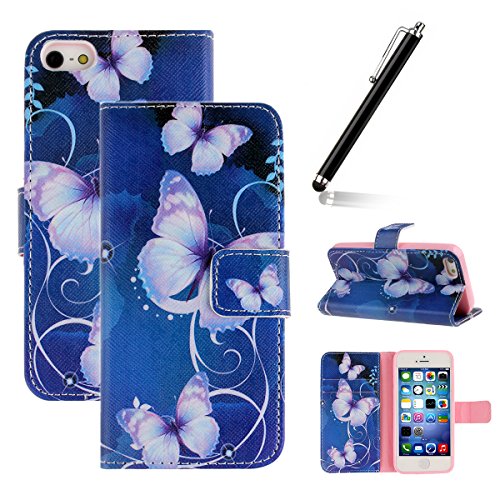 iPhone 5S Case,iPhone 5 Cover,Flip Case for iPhone 5/5S ,Ukayfe iPhone 5/5S Elegant Blue Butterfly Pattern PU Leather Flip Wallet [Stand Feature] Flip Folio Protective Skin Case for iPhone 5/5S with 1 x Black Stylus