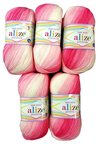 5 x 100g Babywolle Bebe Batik rosa weiß Nr. 2126, 500 Gramm Wolle zum Stricken und Häkeln