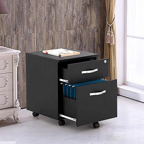 Songmics Abschließbar Rollcontainer Büroschrank mit 2 Schubladen 5 Kunststoffrollen unten schreibtisch Büromöbel schwarz 43,5 x 40 x 52,5 cm LCD25B - 2