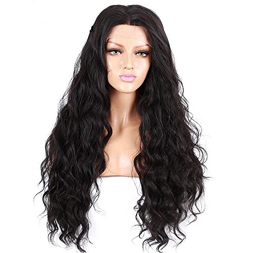 Life Diaries 250%Density Fashion Long Natural Wave 10%Human Hair+90%Heat Resistant Fiber Glueless Lace Front Synthetic Wig For Women(26",Black)