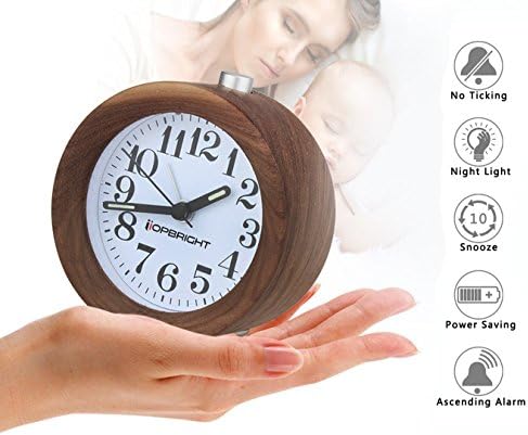 Crazydream Small Bedroom Silent Alarm Clock,Creative High Quality Walnut Wood Clock Travel Clock,Nightlight,Snooze,Silent Sweep Seconds,No Ticking,Luminous Hands,Battery Power (Walnut)