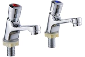 MENIBBLER Bathroom Basin Taps Pair 1/2 Hot Cold Mixer Bathroom Sink Taps Non Concussive Self Closing Basin Tap Push Time Delay Basin Faucet Rust-Proof Brass Sink Washbasin Tap for Home Hotel Public Toilet