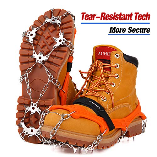AUHIKE 19 Garras de Dientes Crampones[Versión Actualizada],Tapa antideslizante con Cadena de Acero Inoxidable para Excursiones Pesca Escalada Trotar Montañismo Caminata sobre Nieve y Hielo (Naranja,S)