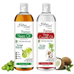 HillDews Neem Oil (200 ml) and Virgin Coconut Oil (200 ml) Combo - Cold Pressed - Moisturizes the Skin and Promotes soft and Shiny Hair (200 ml + 200 ml)