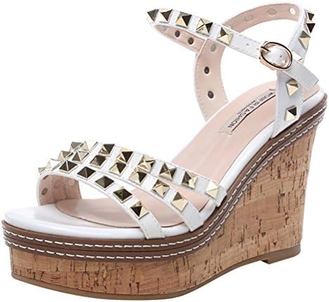 Summer Womens Espadrilles Platform Slingback Sandals Casual Open Peep Toe Rivet Studded Wedge Heels(3 UK, White)