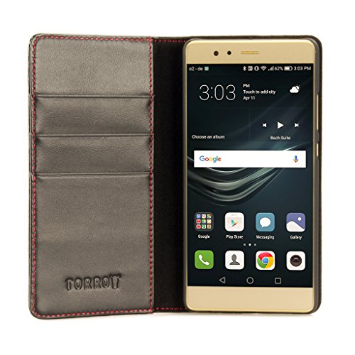 Funda Huawei P9  Genuina Funda De Piel  Con Funci  n Stand Para El Huawei P9  Dise  o Delgado  Ranuras Para Tarjeta  Ranuras Para Billetes  Cierre Magn  tico  Negro  Hecho Por TORRO