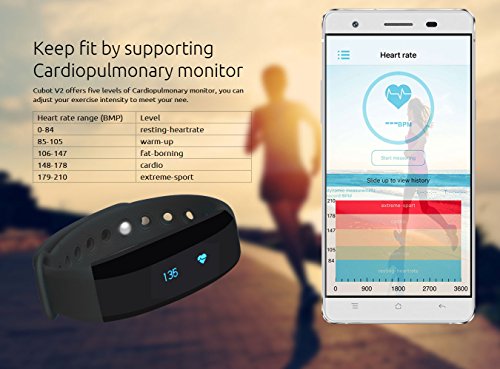 Cubot V2 Fitness Armband mit Pulsmesser – Bluetooth 4.0 Aktivitätstracker mit OLED Display zur Herzfrequenz, Kamera Fernbedienung, Schrittzähler, Kalorienzähler, Fitnessaufzeichnung, Entfernung, Schlafanalyse, SMS Anrufe Reminder, wasserdicht IP65, kompatibel mit iOS 8.0 oder höher und Android 4.3 oder höher. - 4