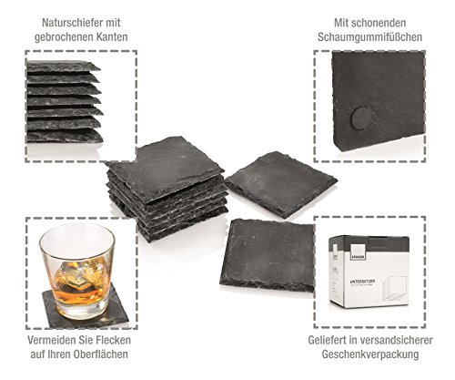 Sänger Schiefer Untersetzer Set 8 teilig 10x10cm Tisch Untersetzer Servierplatten | 4 Gummifüße zum Schutz Ihrer Oberflächen | Robustes Design mit edler Optik - 2