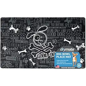 Drymate Dog Bowl Placemat, Pet Food Feeding Mat - Absorbent Fabric, Waterproof Backing, Slip-Resistant - Machine Washable/Durable (USA Made) (12?�? x 20?�?) (Good Dog Black)