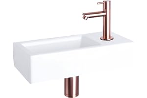 Differnz Helios Lavabo, Lave main Céramique Blanche, Robinet Froide à Droite, Cuivre Rouge, Vasque, Ensemble Complet, Pour Salle de Bain - 37.5 x 18 x 9.5 cm