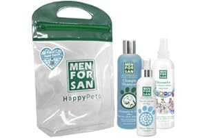 MENFORSAN Pack Higiene y Belleza, Champú Eliminador de olores 300ml, Colonia para Perros 125ml, para el hogar y Entorno de Mascotas 250ml, Rico Aroma a Talco