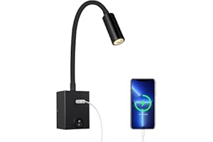 ‎ERWEY ERWEY LED Leselampe Wand, Bettlampe mit Schalter und USB-Ladeanschluss, 3W 3000K Warmwaiß Bett Leselicht 360° Schwenkbar Schwanenhals Lampe Nachttischlampe für Schlafzimmer, Schwarz