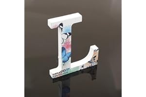 FREEAS Décoratif Bois Lettres, 26 Alphabet Blanc Lettres en Bois Avec Motif Papillon et Fleur imprimé pour Déco Nom des Enfants Fête d'anniversaire de Mariage Décoration de Maison et de Chambre à Couche (L)