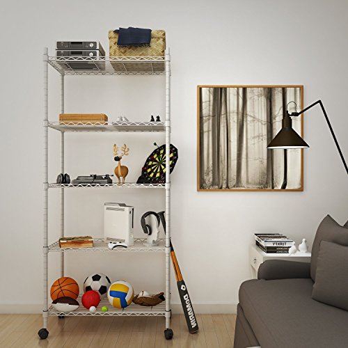 Homdox Metallregal Rollregal Schraubregal Standregal Kücheregal aus Verchromten Metall Stahl 5 Regalböden mit 4 Rädern 74x34x155cm Silber - 6