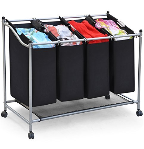 Wäschesortierer Wäschewagen Wäschekorb Wäschebox Wäschesammler mit 4 Fächern Wäschebeutel Wäschesack Wäschetasche in schwarz - 3